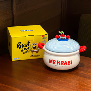 Dibujos animados <span class=keywords><strong>Bob</strong></span> <span class=keywords><strong>Esponja</strong></span> cerámica porcelana gran capacidad fideos sopa cuencos tapa doble oreja ecológico lavavajillas palillos seguros - Product Image 2
