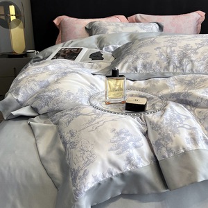 Parure de lit Tencel quatre pièces 1,8 m, housse de couette luxueuse et rafraîchissante avec motif plantes et fleurs, tissu tissé - Product Image 1