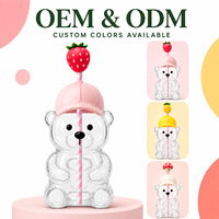 Vaso de vidrio de sosa-caliza personalizado de 700 ml con forma de oso, tapa de sombrero de paja y decoración de frutas, proveedor OEM ODM para venta al por mayor, al por menor y embalaje de regalo