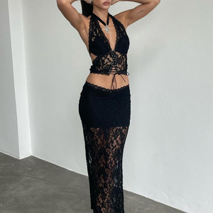 New Design Hanging Neck Thin <b>Perspective</b> Mesh Lingerie Set Hot Selling Long Skirt Women's Bra Brief Set - Product Image 1