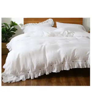 3 Pcs Set Natural French Linen 100% Flax Bed Bedding Ruffled Duvet Cover Sheet Set