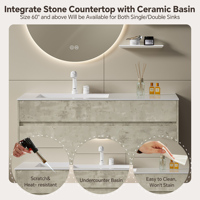 Meuble-lavabo flottant minimaliste en bois massif naturel avec vasque en pierre frittée sans joint, miroir LED intelligent