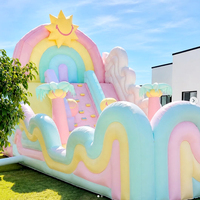 Toboggan Gonflable Géant Double Voie, Combo Château Gonflable Macaron Pastel Arbre à Noix de Coco, en PVC Durable, pour Fêtes à Domicile et Location d'Événements, Garantie 3 Ans