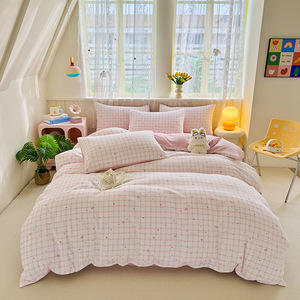 Soft Washed Cotton Four-piece <b>Bedding</b> Set Duvet Cover Fitted Sheet Single Bed Student Dormitory Breathable Skin-friendly - Product Image 1