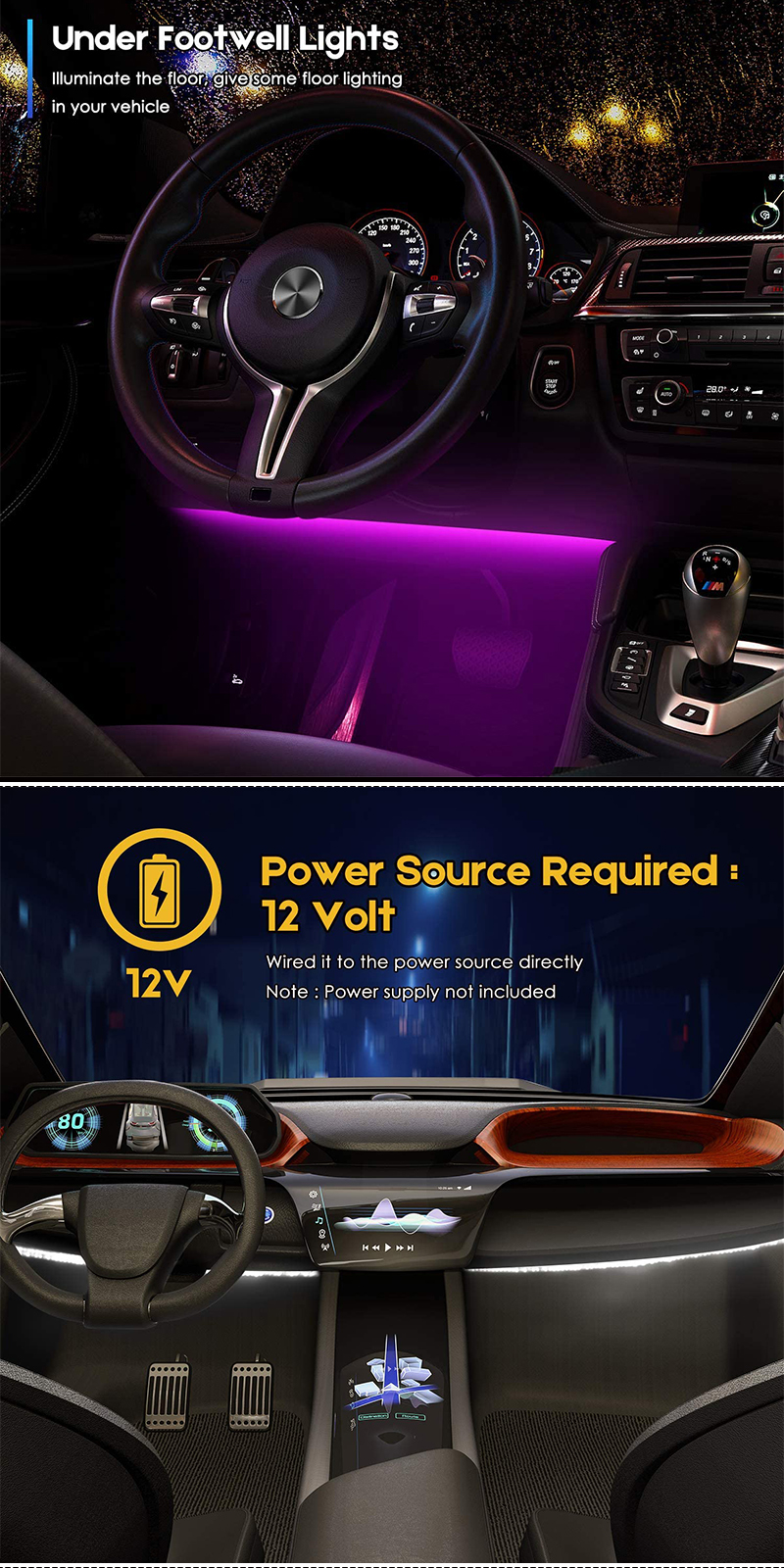 12V Lighter Plug for Automotive Inside RGB Color Changing Car Interior LED Strip Ambient Light