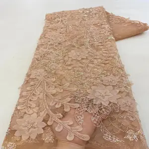 批发法国优雅美丽的串珠刺绣薄纱网带3D花朵亮片设计面料