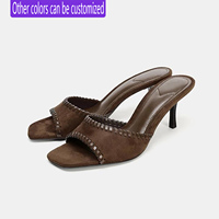 ZA2026 Nouvelles Chaussures Femme Printemps-Été Marron Rétro à Bordure Carrée, Talon Haut, Mules Amincissantes à Bout Ouvert