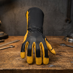 Leather Work Gloves <b>Full</b> Grain Black And Yellow Abrasion Resistant Anti <b>Slip</b> Gathered Cuff General Purpose Safety Gloves - Product Image 4