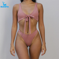 Maillot de bain pour filles rose Maillot de bain à cordon Maillot de bain une pièce Maillot de bain dos nu Couture sans couture Bikinis