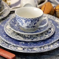 Assiette à dessert en céramique vintage à motifs floraux bleus, plateau chinois occidental pour steak et dim sum, style rétro de luxe léger, compatible micro-ondes