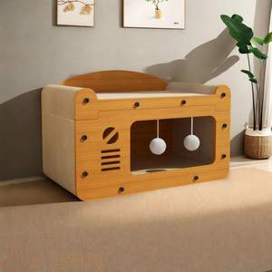 Großhandel Custom Size Katzen spielzeug Naturholz Katzen haus & Scratcher Combo-Abnehmbares Katzen bett mit Karton Scratcher Board - Product Image 1