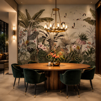 Papier peint botanique vintage tropical avec flamants roses, feuilles de palmier et oiseaux pour la décoration de salons de beauté, hôtels et restaurants