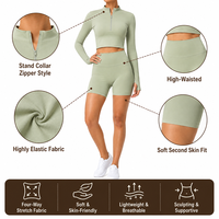 Ensemble de yoga 2 pièces pour femme : haut court à manches longues avec demi-zip et short cycliste taille haute – Idéal pour la gym et la course à pied