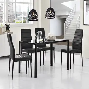 Conjunto de 6 assentos para sala de jantar, moderno, preto, vidro temperado, mesa de jantar