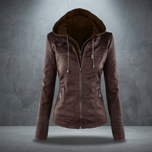 Veste de moto en cuir unie pour femme avec capuche amovible, coupe-vent, pour l'automne - Product Image 3