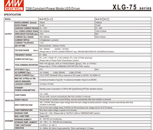 MEAN WELL XLG-75-L-A 74.9W 700‑1050mA 53‑107V Constant Power IP67 Waterproof <b>LED</b> <b>Driver</b> AC100‑305Vac - Product Image 4