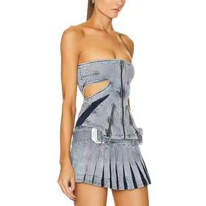 Nouvelle Arrivée Robes en Jean de Haute Qualité pour Femmes, Décolleté Sexy, Sans Bretelles, Vintage, Délavé à l'Acide, Mini Robe Moulante en Jean - Product Image 2