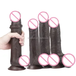 Çift katmanlı hareketli Foreskin Dildos koyu kahverengi Dildos gerçekçi çikolata sürgülü cilt Foreskin Dildos seks oyuncakları kadın erkekler için