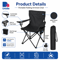 Chaise pliante portable avec accoudoirs, porte-gobelet, poche latérale et sac de transport pour le camping, la pêche et les pique-niques