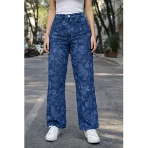 Jeans a gamba dritta con stampa floreale da donna Adrenaline, pantaloni in denim lavabili a vita alta per abbigliamento casual - Product Image 6