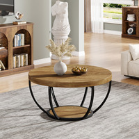 Table basse ronde, table basse circulaire en bois à 2 niveaux de 31,7 pouces avec étagères de rangement, table de cocktail moderne, table centrale