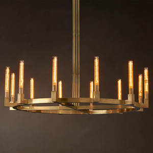 60" Large Luxury Hotel Lobby Brass Chandelier <b>Light</b> Living Room Villa Antique Brass Copper Retro American Big Round Chandelier - Product Image 1