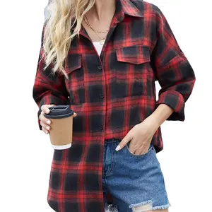 Spring Autumn Women Plaid Printed Long Sleeve Shirts With Pocket Casual Long Shirt For Women