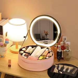 Artist Portable Travel Case Round Cosmetic Makeup Bag With Led Mirror With Light