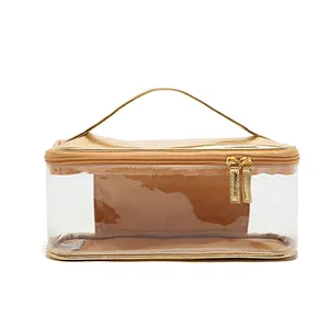 stylish portable gold PU leather makeup travel bag with see through clear pvc part