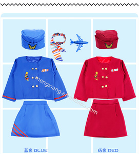 Azafata de avión roja y azul con sombrero, bufandas, juguete para <span class=keywords><strong>niña</strong></span>, Cosplay, azafata, avión, juego de ropa de trabajo de carrera - Product Image 4