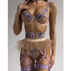 Conjuntos de ropa interior con bordado Floral para mujer, sujetadores y tangas de retazos de malla Sexy, conjunto de lencería, disfraz sexual erótico elegante 1505 - Product Image 1