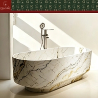 Baignoire ovale autoportante en marbre doré GOLDKING pour penthouse de luxe, rebord sculpté, OEM, alignement des veines CNC, poli