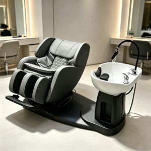 Chaise de massage électrique avec bac à shampoing, en cuir PU gris, inclinable, pour lavage de cheveux, salon de coiffure, spa capillaire - Product Image 5