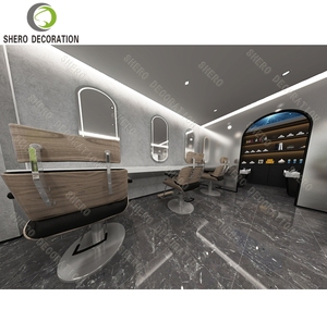 Barber Shop Interior Design Customized High Quality Barber Shop Wood Cabinet Barber Shop <b>Mirror</b> Station With <b>Light</b> - Product Image 3