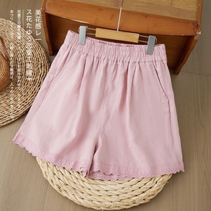 Women's Cotton Linen Shorts Beige <b>Elastic</b> Waist <b>Lace</b> Trim Casual Loose Fit Summer Pants - Product Image 2