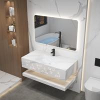 Ensemble de meuble-lavabo de salle de bain en dalle de pierre, blanc, étanche, avec un seul tiroir et un seul lavabo, 32 et 40 pouces, pour hôtel, vente en gros
