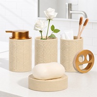 Ensemble d'accessoires de salle de bain en céramique CF, 4 pièces : distributeur de savon, gobelet, porte-brosse à dents, porte-savon avec pompe à motif en relief