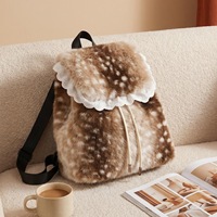 Sac à dos en fausse fourrure imprimé cerf pour femme, collection Hiver 2026, avec garniture en dentelle moelleuse et cordon de serrage, sacs à dos en peluche décontractés pour femme, sac d'école ODM