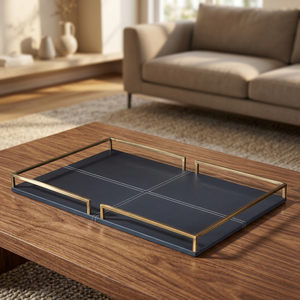 Contemporary Handcrafted Marble and Metal Serving Tray with Gold Finished Metal Handles Simple Design for Elegant Serving - Product Image 1