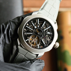 Luxury <b>Custom</b> Skeleton Tourbillon <b>Watch</b> for Men Grey Leather Strap Titanium Case Mechanical Wristwatch Wholesale - Product Image 5