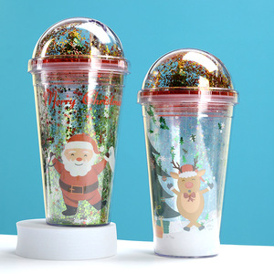 Zhen Ai Christmas Water Bottle Double Layer Plastic Straw Cup Reusable Glitter Design Gift Cup For Holiday Presents - Product Image 3
