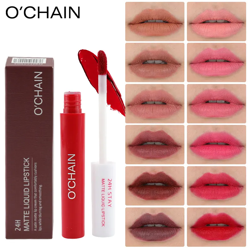 Ochain tahan air grosir dengan Logo Peach Rose Makeup lipstik cair