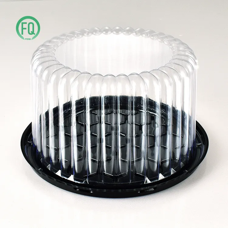 صندوق كعك قابل للتحلل الحيوي شفاف مستدير الشكل بغطاء شفاف وقاعدة سوداء