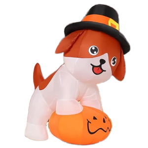 Décoration gonflable personnalisée de 1,57 m pour Thanksgiving : Chiot mignon sur citrouille avec chapeau de pèlerin et LED intégrées, idéal pour les fêtes d'intérieur et Halloween - Product Image 1