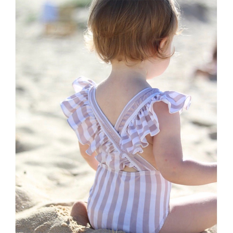 2021 Amazon Cute Ruffles Flying Butterfly Sleeve Stripe Dot One Piece Toddler Kids Girls Swimwear With Hat