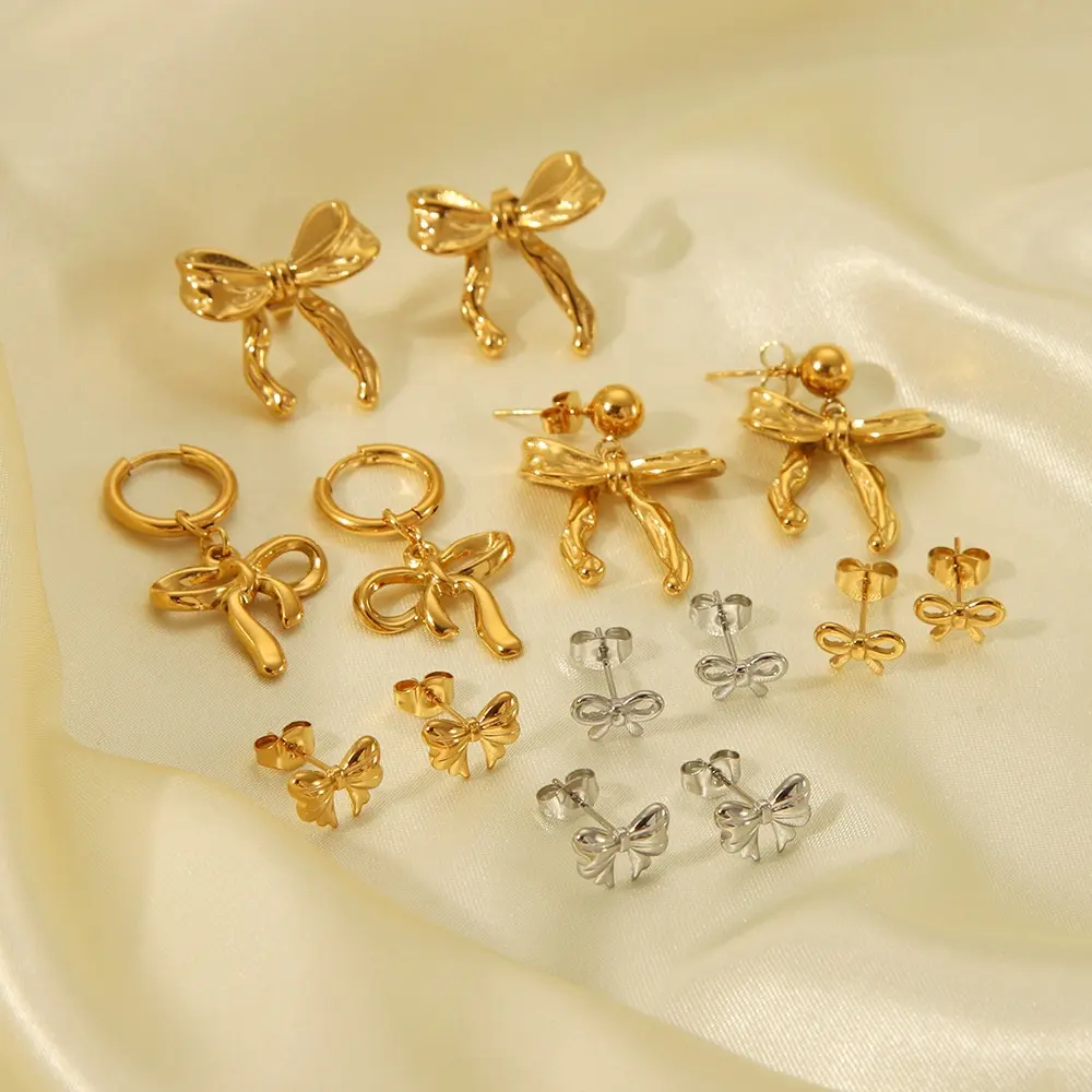 Set di orecchini con fiocco alla moda in oro placcato oro 18K in acciaio inox accessori moda moda orecchini con fiocco gioielli per le donne