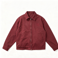 Veste de travail vintage en toile délavée pour homme, bordeaux uni, col rabattu, fermeture éclair intégrale, brodée, vêtement d'extérieur décontracté, vente en gros personnalisée