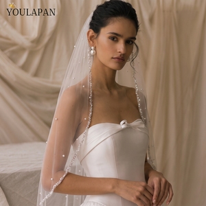 Voile de mariée YouLaPan tendance, bordure unique en cristal, voile transparent en maille à pois blancs et perles pour occasions spéciales <span class=keywords><strong>V364</strong></span> - Product Image 1