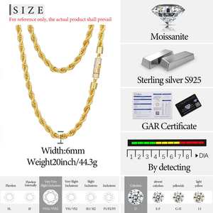 6 मिमी लक्जरी 14k 18k सोने के ठोस 925 स्टर्लिंग सिल्वर बनाम मोइससानाइट हीरे के साथ पुरुषों के लिए लॉक रस्सी चेन हार - Product Image 6