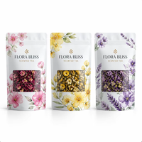 Sachet d'emballage de thé parfumé imprimé sur mesure, pochette verticale FLORA BLISS en Mylar avec fenêtre et fermeture éclair pour thé aux herbes et aux fruits